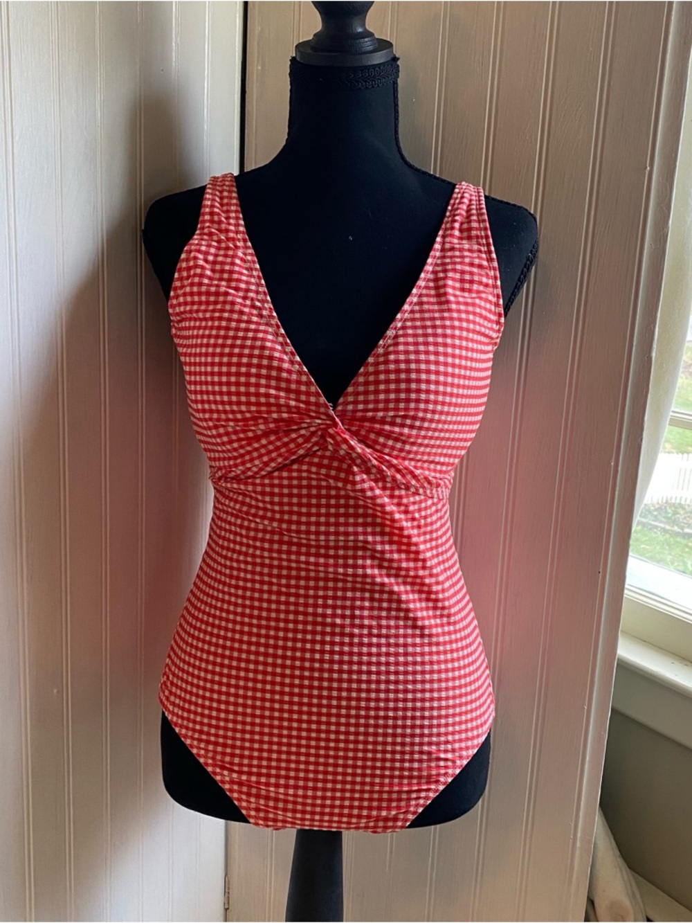 Draper James Red & White Gingham Twist-Front One-Piece Swimsuit